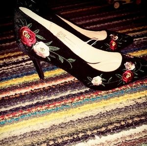 Black floral suede high heel pumps